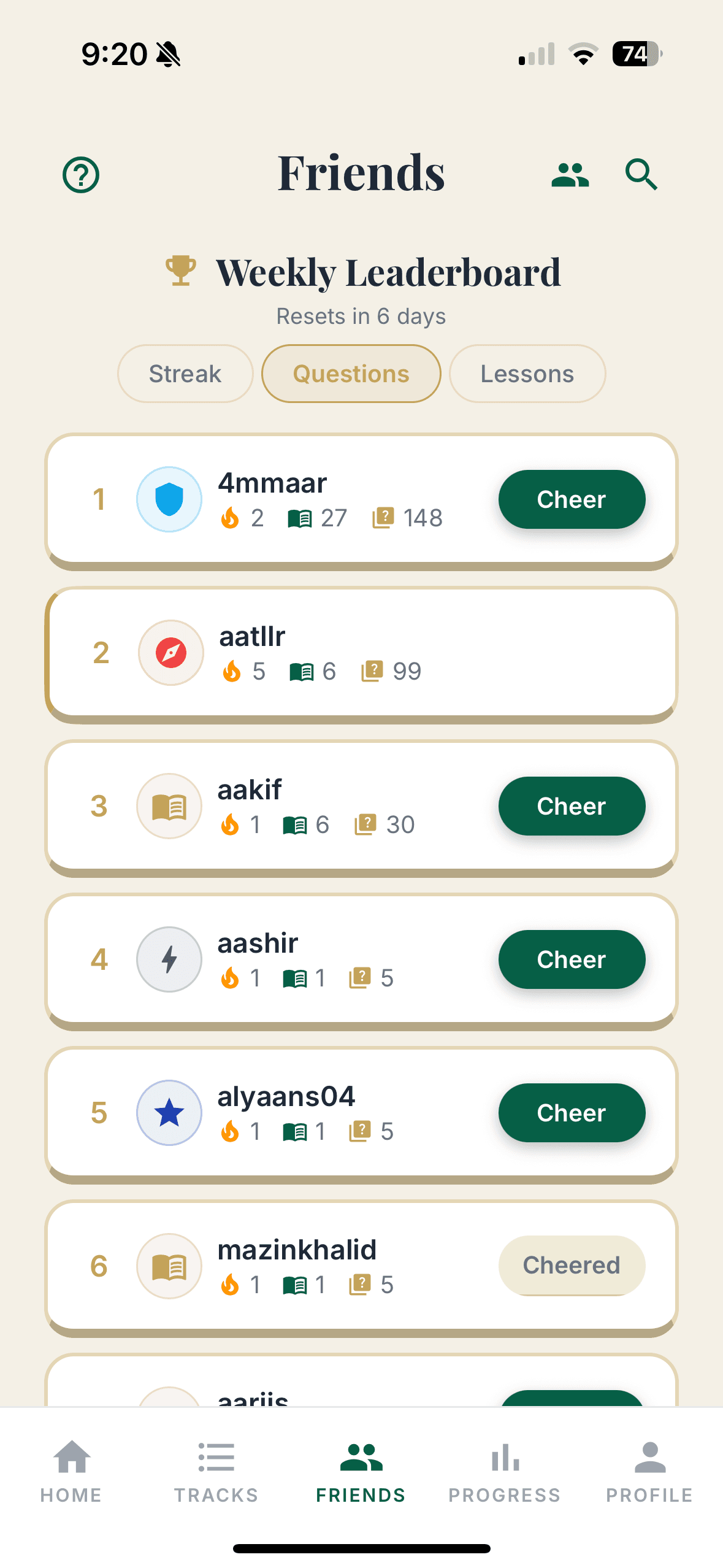 The friends screen showing a weekly leaderboard ranked by streak, questions, and lessons