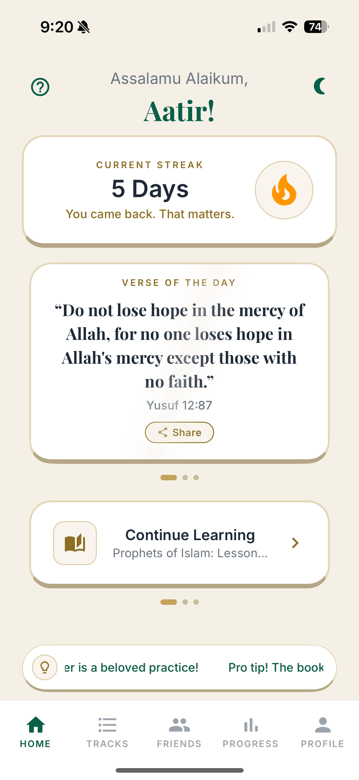 The Ilmy home screen showing a daily streak, the verse of the day, and continue learning