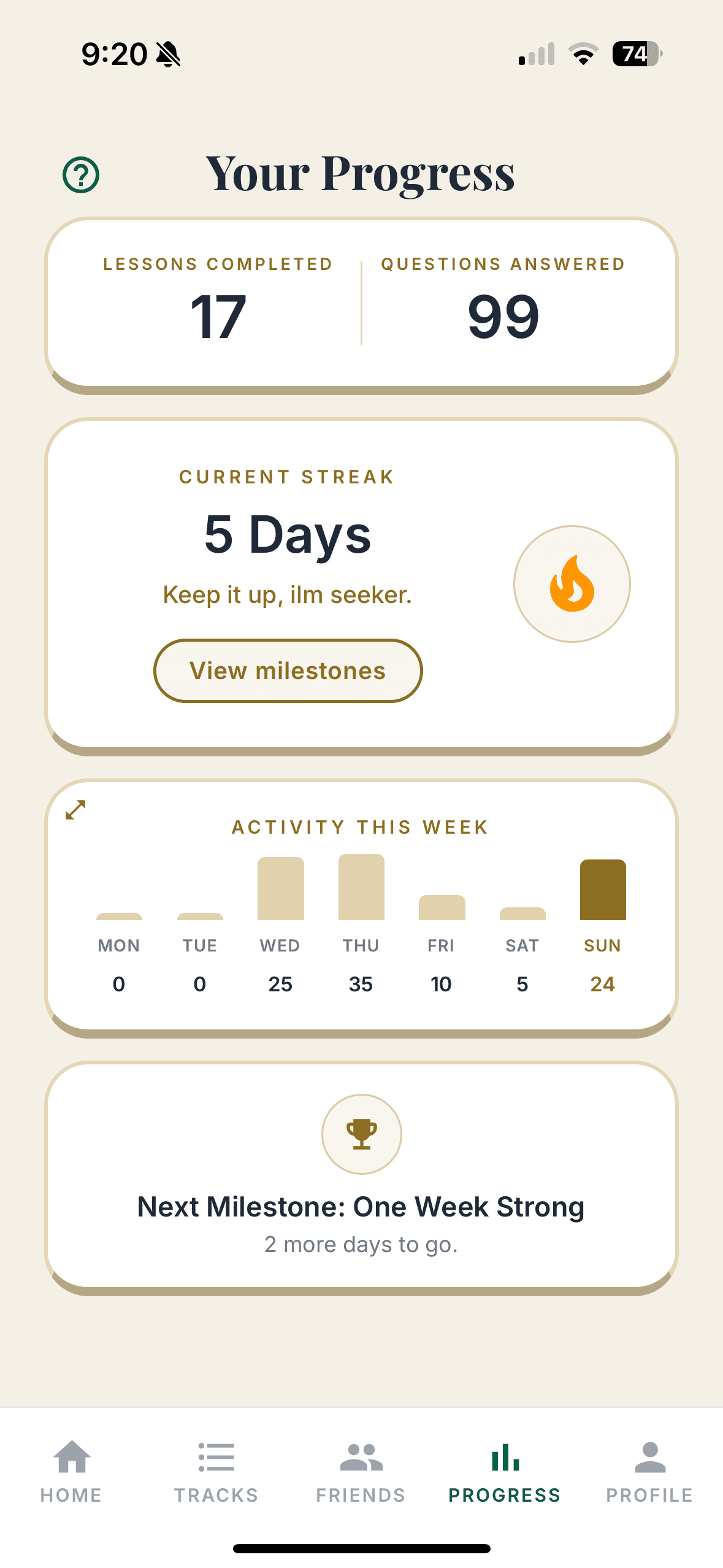 The progress screen showing lessons completed, questions answered, a weekly activity chart, and the next milestone